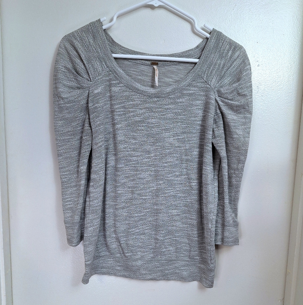 Free People Womens Heather Gray 3/4 Puff Sleeve Scoop Neck Knit Sweater Blouse - Picture 2 of 13